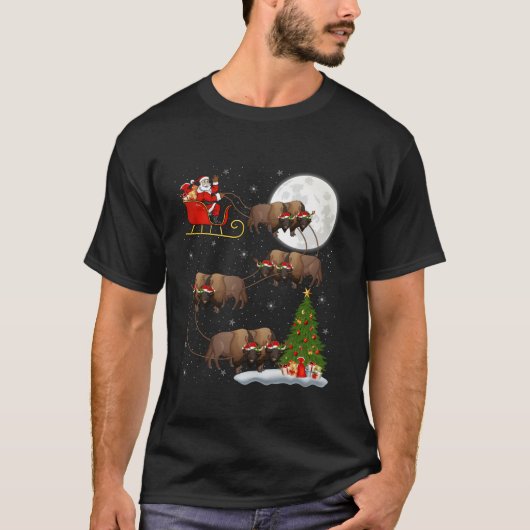 クリスマスツリーライトサンタおもしろいライディングバイソンクリスマ Tシャツ (正面)