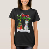 クリスマスツリーライトサンタハットシベリアハスキー犬Chri Tシャツ (正面)