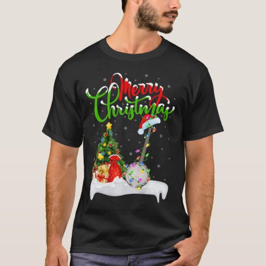 クリスマスツリーライトサンタハットミュージカルバンジョクリスマス Tシャツ (正面)