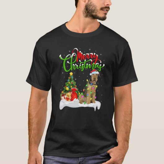 クリスマスツリーライトサンタ帽エアデールテリア犬服チ Tシャツ (正面)