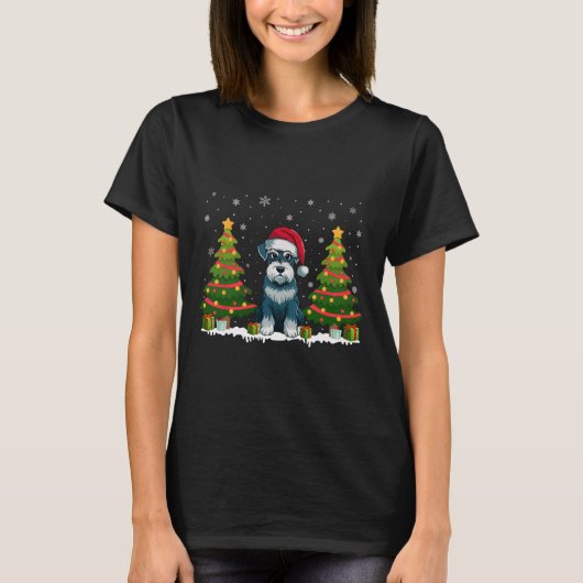 クリスマスツリーライトシュナウツァードッグサンタハットクリスマス Tシャツ (正面)
