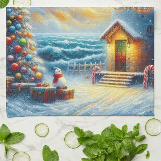 クリスマスツリーライトハウス航海のコースタルブルー キッチンタオル (折り畳み)