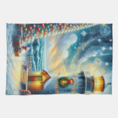 クリスマスツリーライトハウス航海のコースタルブルー キッチンタオル (横)