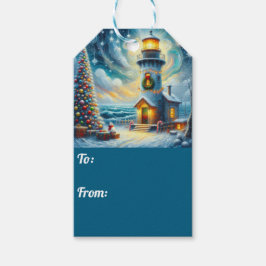 クリスマスツリーライトハウス航海のコースタルブルー ギフトタグ