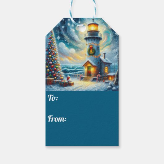 クリスマスツリーライトハウス航海のコースタルブルー ギフトタグ (正面)