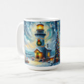 クリスマスツリーライトハウス航海のコースタルブルー コーヒーマグカップ (正面左)