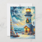 クリスマスツリーライトハウス航海のコースタルブルー シーズンカード (正面)