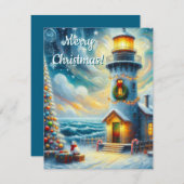 クリスマスツリーライトハウス航海のコースタルブルー シーズンカード (正面/裏面)