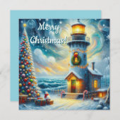 クリスマスツリーライトハウス航海のコースタルブルー シーズンカード (正面/裏面)