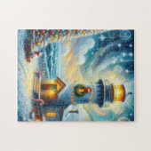 クリスマスツリーライトハウス航海のコースタルブルー ジグソーパズル (横)