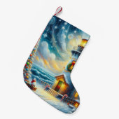 クリスマスツリーライトハウス航海のコースタルブルー スモールクリスマスストッキング (正面 (吊り時))