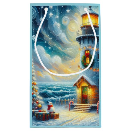 クリスマスツリーライトハウス航海のコースタルブルー スモールペーパーバッグ (裏面)