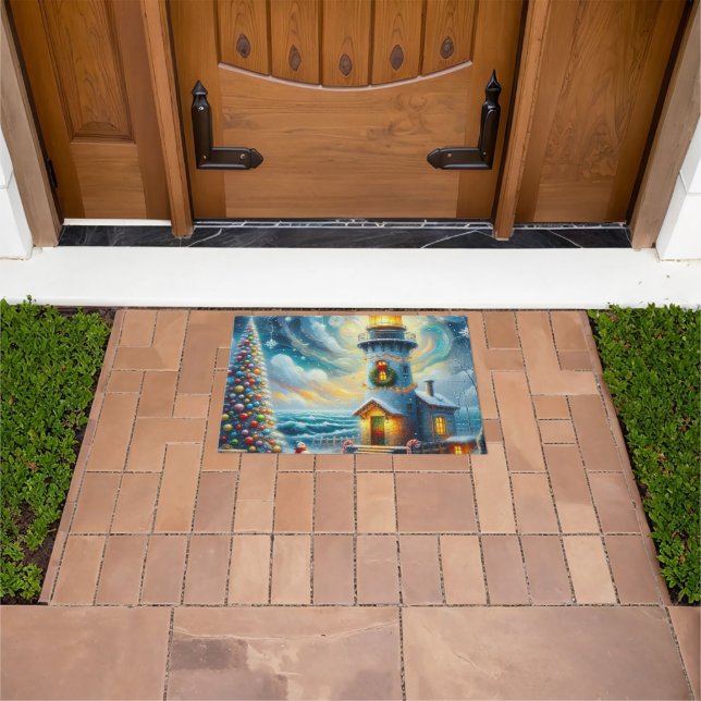 クリスマスツリーライトハウス航海のコースタルブルー ドアマット (室外)