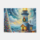 クリスマスツリーライトハウス航海のコースタルブルー ドアマット (正面)