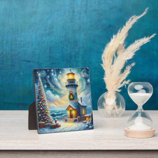 クリスマスツリーライトハウス航海のコースタルブルー フォトプラーク (インサイチュ)