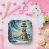 クリスマスツリーライトハウス航海のコースタルブルー ペーパープレート (パーティー)