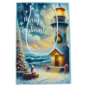 クリスマスツリーライトハウス航海のコースタルブルー ミディアムペーパーバッグ (正面)