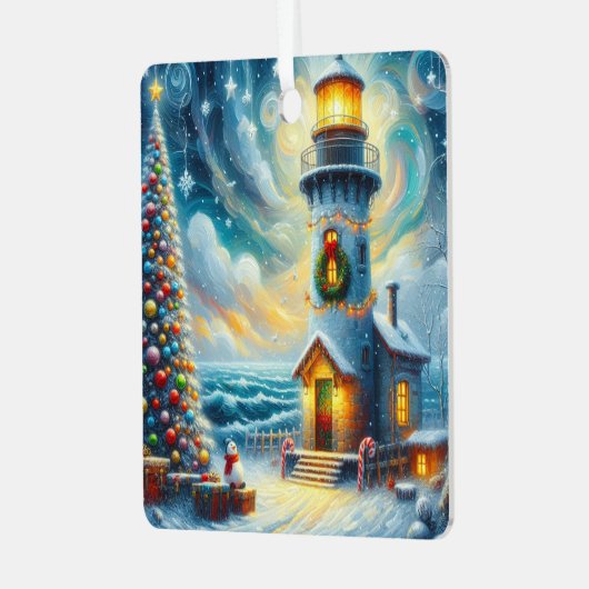 クリスマスツリーライトハウス航海のコースタルブルー メタルオーナメント (正面左)