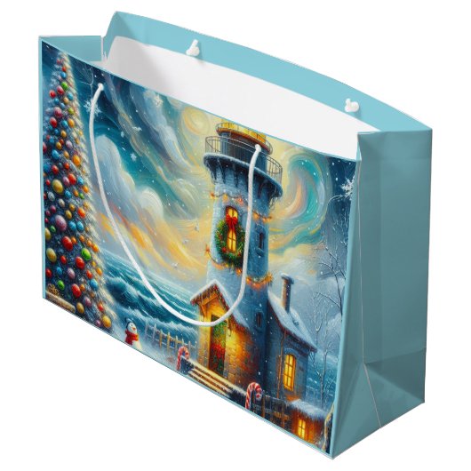 クリスマスツリーライトハウス航海のコースタルブルー ラージペーパーバッグ (裏面アングル)