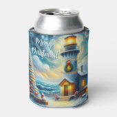 クリスマスツリーライトハウス航海のコースタルブルー 缶クーラー (缶正面)