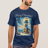 クリスマスツリーライトハウス航海のコースタルブルー Tシャツ (正面)