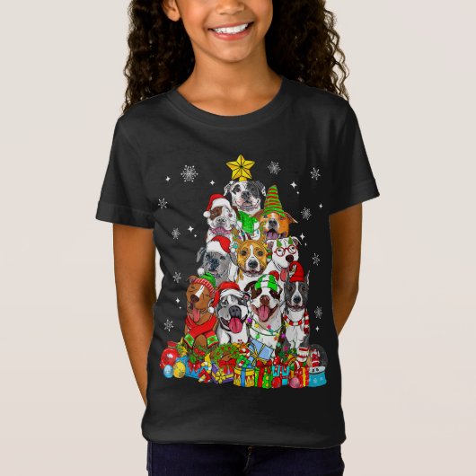 クリスマスツリーライトピットブルドッグ恋人クリスマスパジャム Tシャツ (正面)