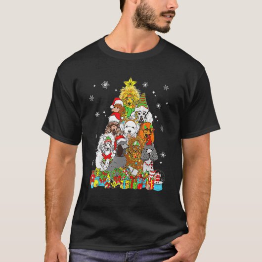 クリスマスツリーライトプードルドッグクリスマスパジャマ Tシャツ (正面)