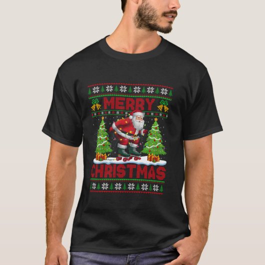 クリスマスツリーライト醜いスタイルサンタローラスケートで滑るC Tシャツ (正面)