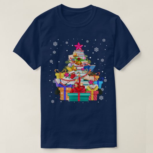 クリスマスツリーライブラリクリスマスライトツリーブックラバーリバー Tシャツ (デザイン正面)