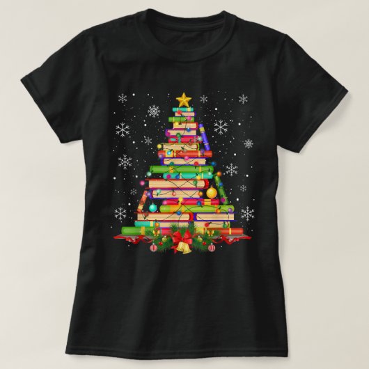 クリスマスツリーライブラリクリスマスライトツリーブックラバー Tシャツ (デザイン正面)