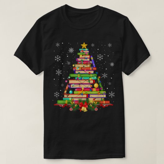 クリスマスツリーライブラリクリスマスライトツリーブックラバー Tシャツ (デザイン正面)