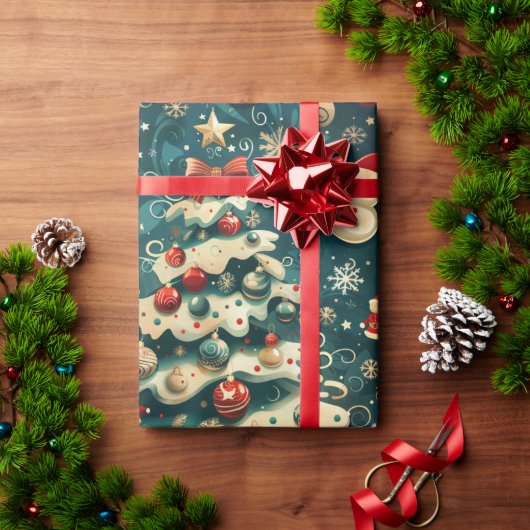 クリスマスツリーラッピング紙ヴィンテージブルー ラッピングペーパー (クリスマスギフト)