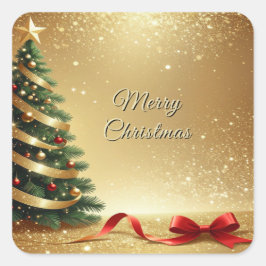 クリスマスツリーリボンのホリデーステッカー スクエアシール