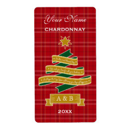 クリスマスツリーリボンレッドプレイドバナーワインラベル ラベル