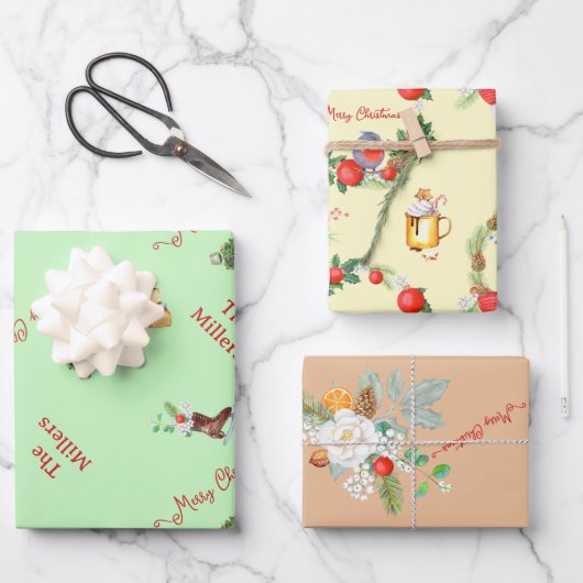 クリスマスツリーリースおもちゃファミリー名ギフト ラッピングペーパーシート (正面)