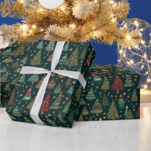 クリスマスツリーレッドグリーンホワイトブラッククリスマス ラッピングペーパー