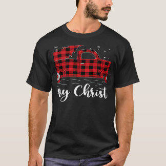 クリスマスツリーレッドバッファロープレイドレッドトラックメリーキリスト Tシャツ