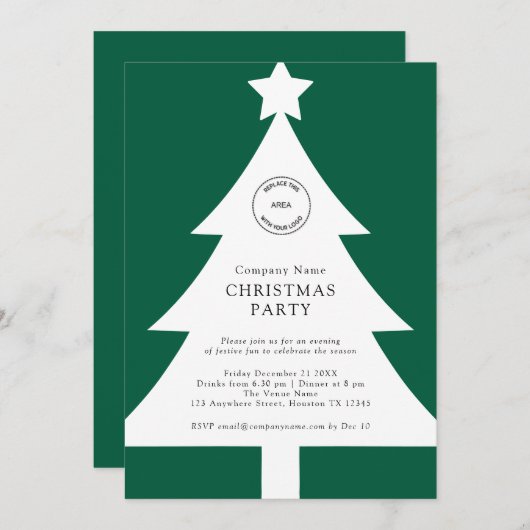 クリスマスツリーロゴ企業のフェスティバルパーティー緑 招待状 (正面/裏面)