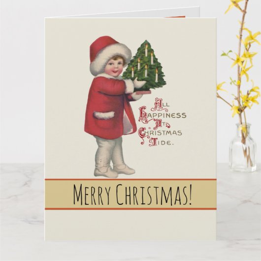 クリスマスツリーヴィンテージイラストレーションアートの子 カード (黄色い花)