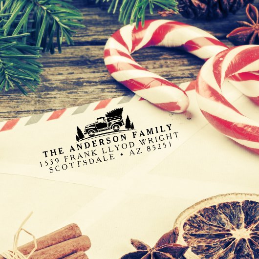 クリスマスツリーヴィンテージトラック差出人住所スタンプ セルフインキングスタンプ