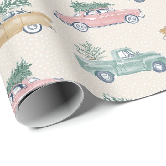 クリスマスツリーヴィンテージピンク金ゴールドレトロトラックカー ラッピングペーパー (ロールコーナー)
