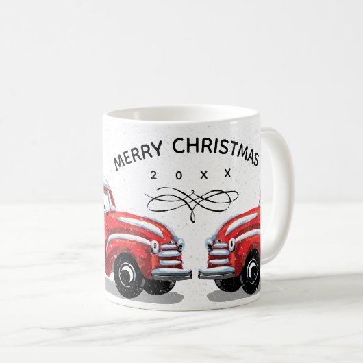 クリスマスツリーヴィンテージレッドトラックモノグラム名 コーヒーマグカップ (正面右)