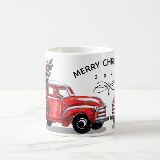 クリスマスツリーヴィンテージレッドトラックモノグラム名 コーヒーマグカップ (中央)