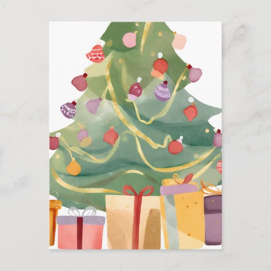 クリスマスツリー下のプレゼント | 水彩画 シーズンポストカード (正面)