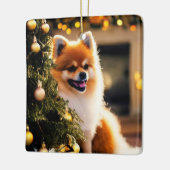 クリスマスツリー下のポメラニア犬 セラミックオーナメント (左)