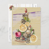 クリスマスツリー乾燥フルーツ、ナッツ、金ゴールド紫 シーズンポストカード (正面/裏面)