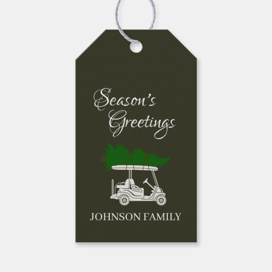 クリスマスツリー付きの洗練されたダークグリーンゴルフカート ギフトタグ (正面)
