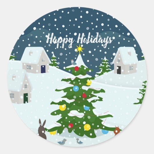 クリスマスツリー付きクリスマス雪の村 ラウンドシール (正面)