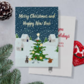 クリスマスツリー付きクリスマス雪の村 箔シーズンカード