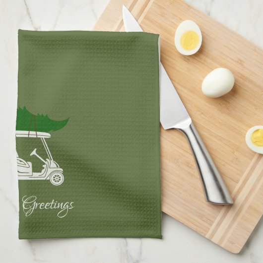 クリスマスツリー付きゴルフカート |オリーブグリーン キッチンタオル (四つ折り)